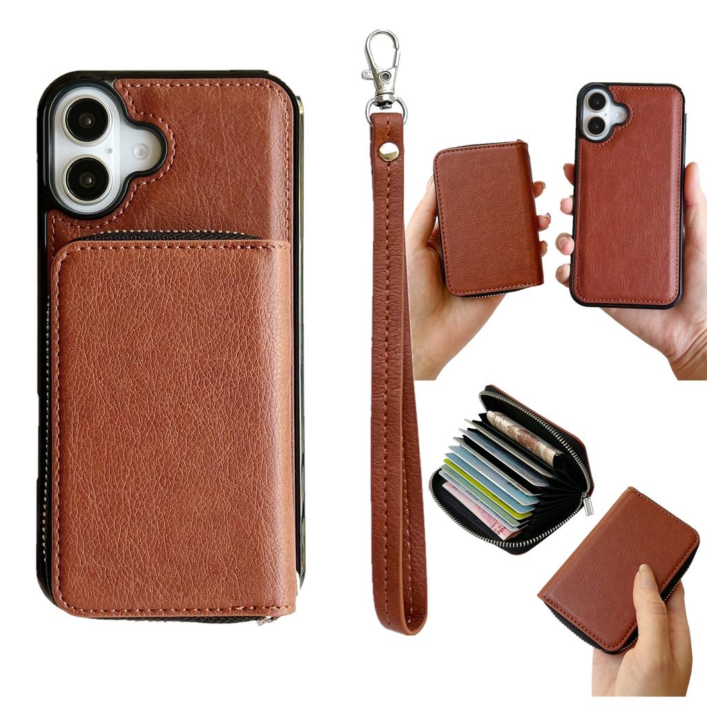 For iPhone 17 Case Detachable Zipper Card Bag PU TPU Kickstand Phone Case with Strap