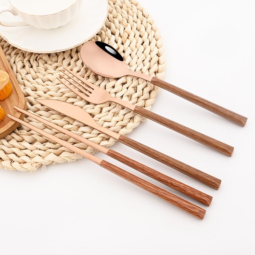 16Pcs Brown Gold Dinnerware Set Imitation Wooden Handle Cutlery Set Chopsticks Knife Fork Spoon Tableware Set Korean Flatware
