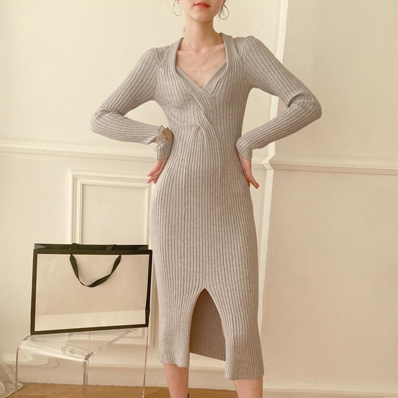 Элегантное офисное женское облегающее вязаное платье, женское сексуальное волнистое однотонное вечернее платье с v-образным вырезом, осень-зима, облегающее платье до колена с длинными рукавами