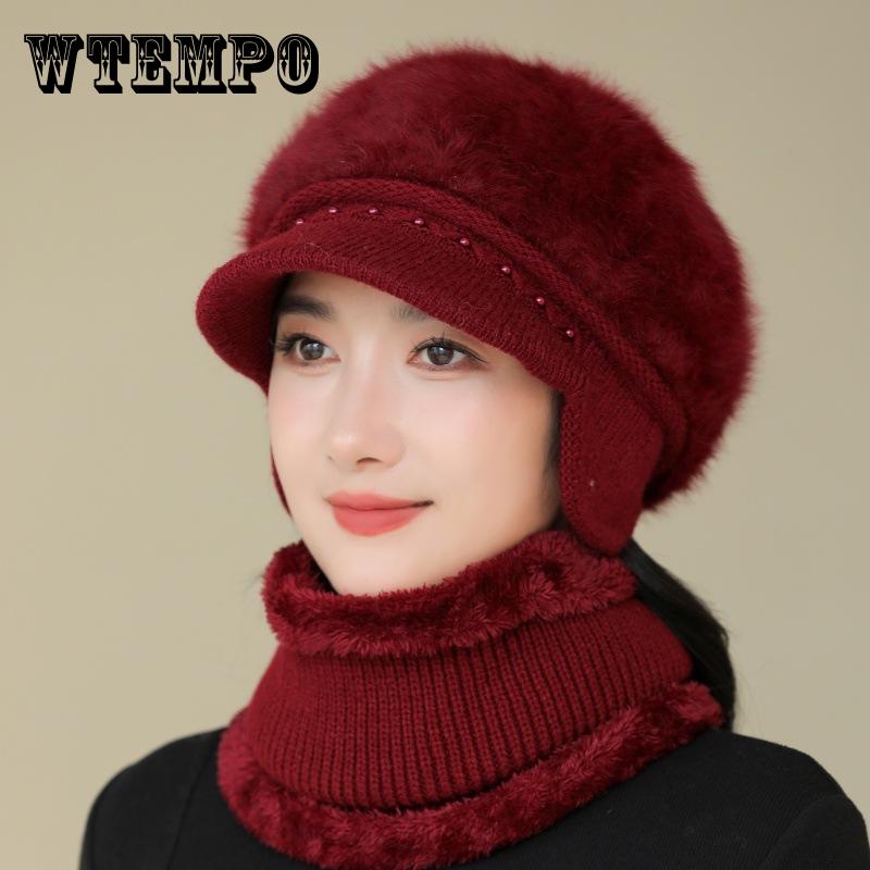 Winter Hat Female Faux Rabbit Fur Ear Protection Wool Hat Plush Thick Warm Knitted Hat