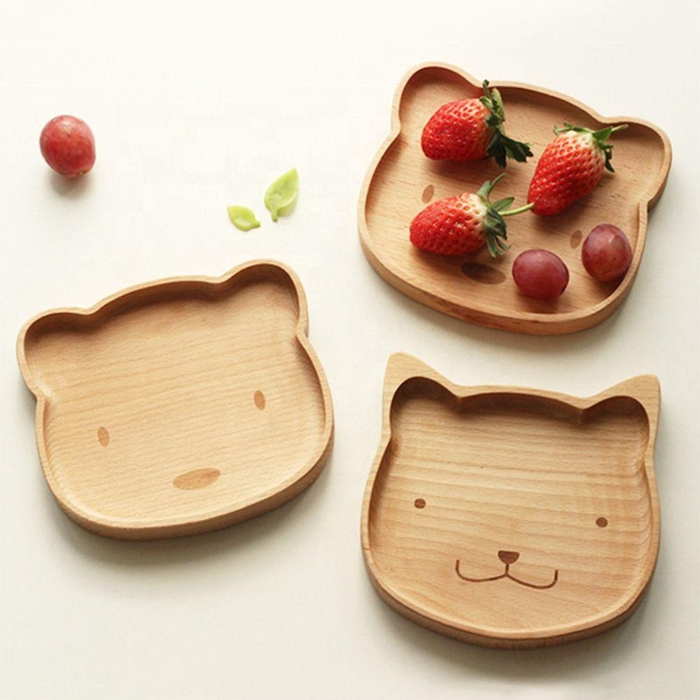 Animal Pattern Children's Rice Plate Solid Wood Wood Food Dishes Cartoon Dinner Tray Serving Kids