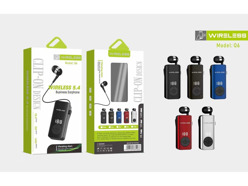 Clip-On Bluetooth Headset with Digital Display, Stereo Sound, Long Battery Life, and Retractable Cable