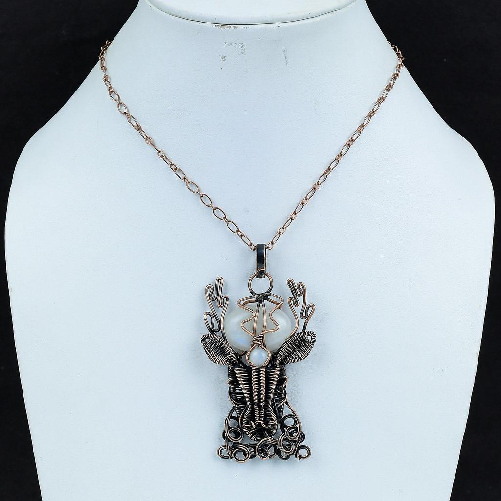 Подвеска из радужного лунного камня, подвеска из медной проволоки, ювелирное украшение в виде лица оленя, подвеска из драгоценного камня ручной работы, красивые медные украшения, подарки на помолвку