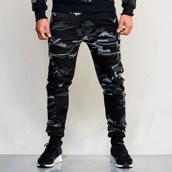Men Cargo Pants Drawstring Elastic Waist Camouflage Print Multi Zippered Pockets Ankle-banded Slim Fit Casual Daily Wear
