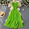 Vintage V Neck Sleeveless Pleated Mesh Elegant Slip Dress A-line High Waist Vacation Women Summer Vestidos Dresses