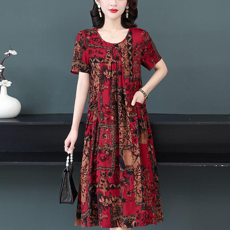 Женское летнее модное свободное хлопковое шелковое платье большого размера с короткими рукавами и цветочным принтом, темпераментные платья трапециевидной формы