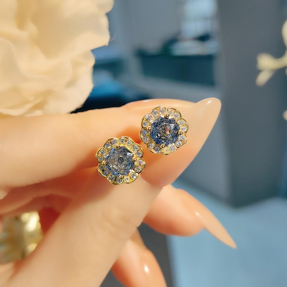 Exquisite Colorful Octagon Millennium Rose Cut Paraiba Ring Set Light Luxury High Carbon Diamond Redstone Stud Earrings Pendant