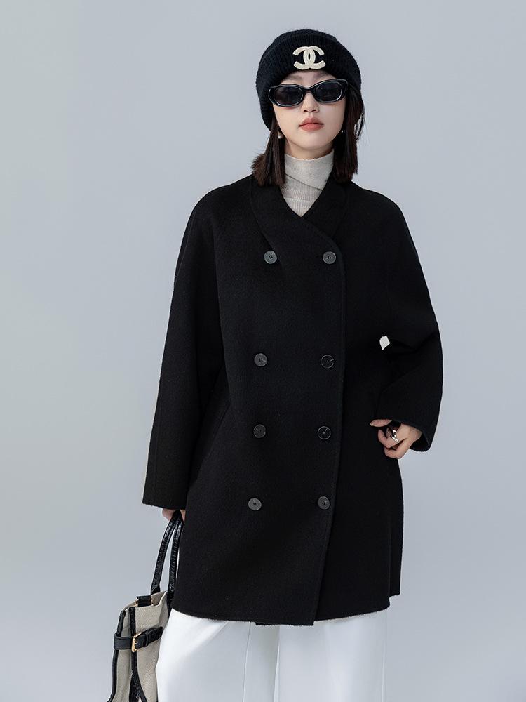 2025 Autumn/Winter Women's Stand Collar Double-Faced Medium Cocoon Alpaca Wool Coat