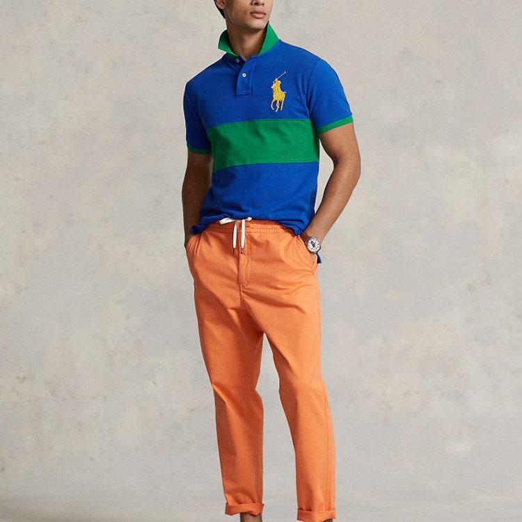 Polo Ralph Lauren Ss23 Широкая полосатая хлопковая рубашка поло с коротким рукавом с логотипом для мужчин, сине-зеленая MNPOKNI1N822155-401