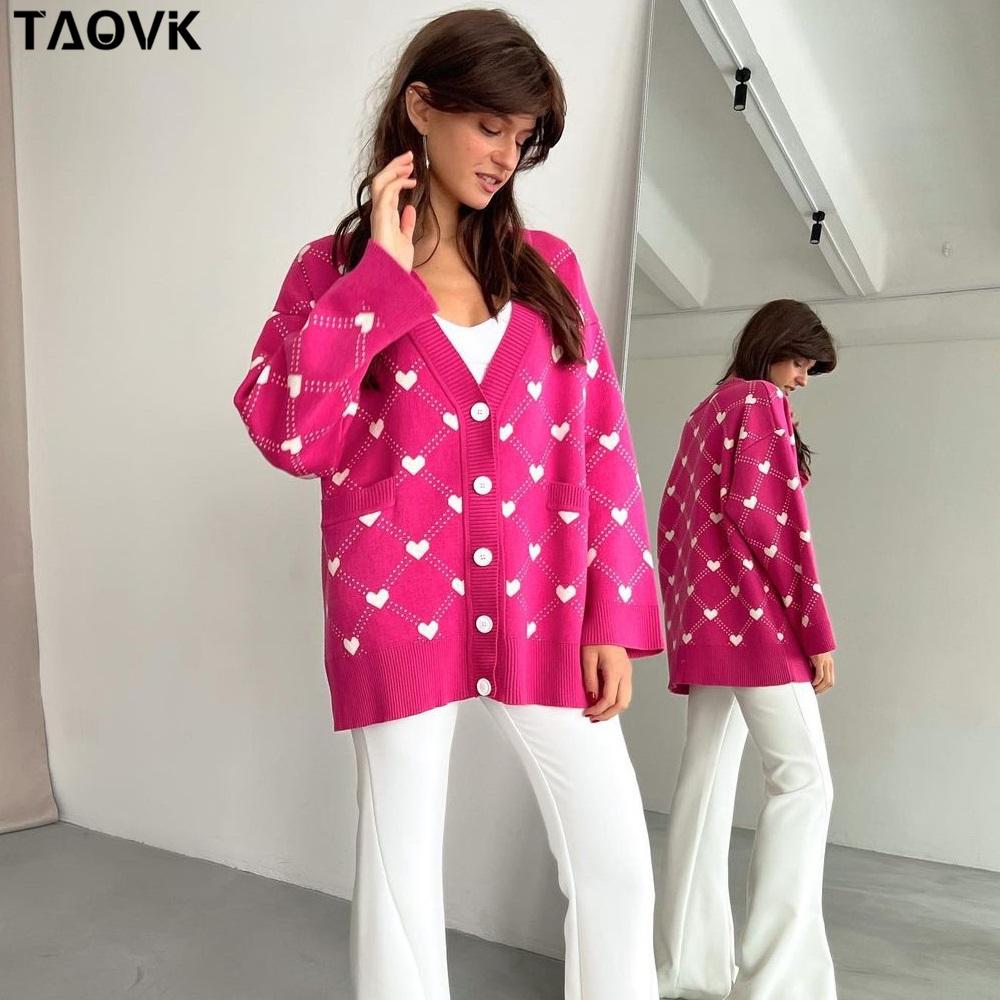 TAOVK Женские вязаные кардиганы, женские свитера с v-образным вырезом и сердечками, свободные повседневные трикотажные изделия с карманами, джемперы Kawaii, Лидер продаж
