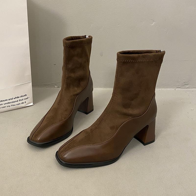 Французская коровья кожа тонкие ботинки высокий каблук короткие ботинки женские осенне-зимние новые квадратный носок темперамент ботинки Мартин облегающие эластичные ботинки