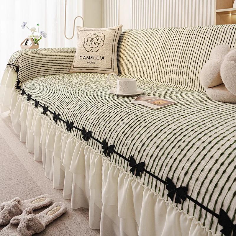 French Skirt Edge Sofa Towel with Bow Tie Luxury Striped Sofa Protector for All Seasons Beautiful All Inclusive Home Accessories