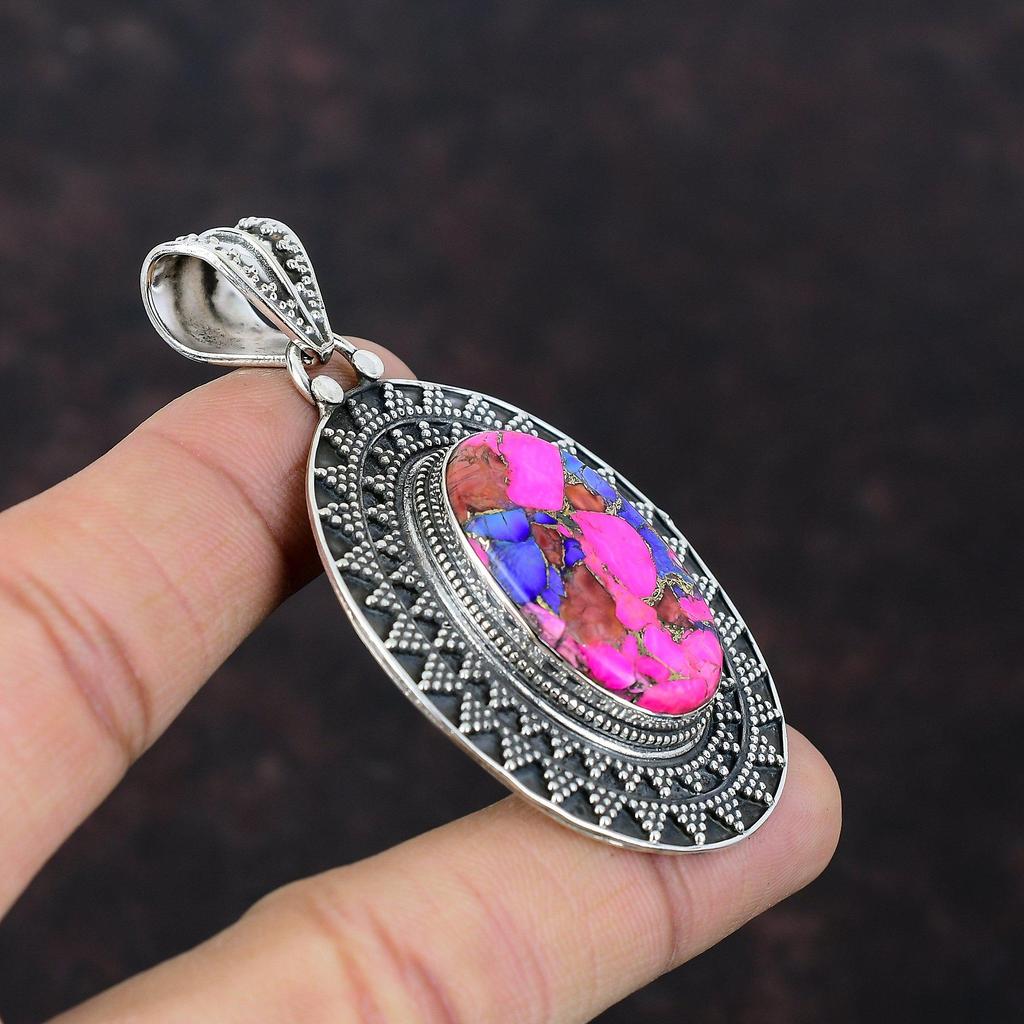 Natural Kingman Pink Dahlia Turquoise Pendant 925 Sterling Silver Pendant Gemstone Jewelry Handmade Pendant Vintage Pendant Engagement Gift