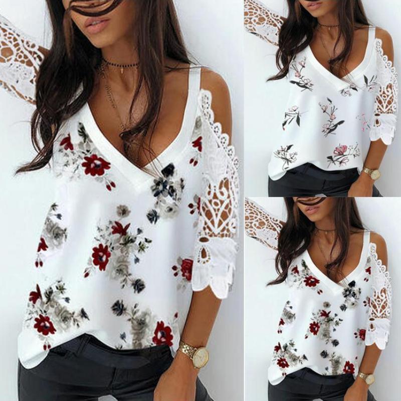 Summer Tops Print Lace Patchwork Off Shoulder Loose Women Blouses Fashion Elegant Short Sleeve Casual Shirts for Women Vintage Sexy Hollow Shirt 26632