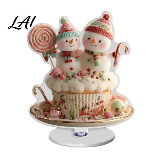 360 Degree Spinning Sign Rotating Acrylic Desktop Ornament 2D Flat Christmas Santa Snowman Cupcake Plaque with Gift for Home Base Winter Bookshelf