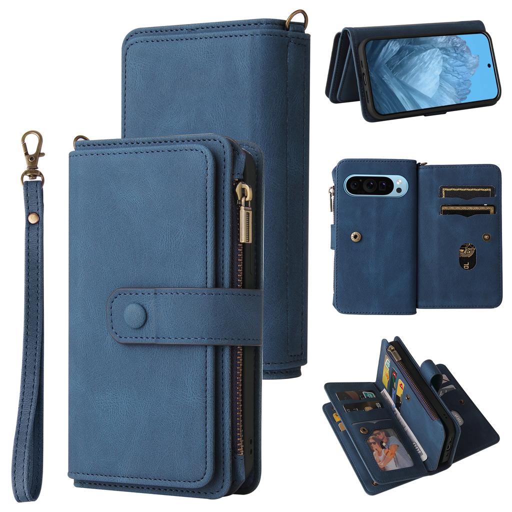 For Google Pixel 10 Pro/Google Pixel 9/Google Pixel 9 Pro/Google Pixel 10 Zipper Wallet Case with 15 Card Slots and Strap Leather Phone Cover