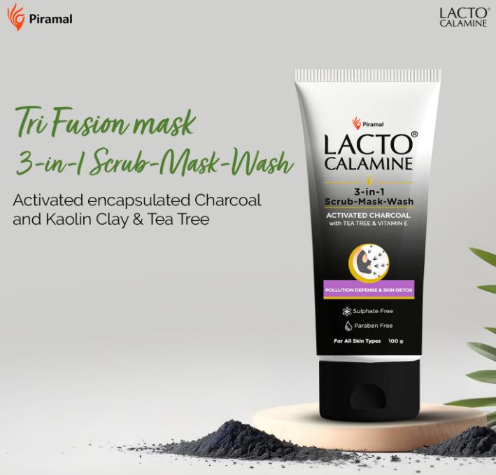 Lacto Calamine 3-в-1 Угольный скраб для лица, уголь для умывания, скраб для лица, маска для лица с каолиновой глиной, маслом чайного дерева и витамином Е 100 г