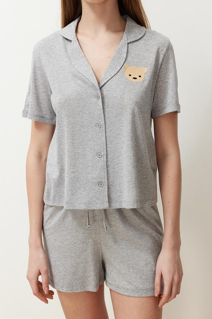 Women's Fashion New Pajama Set Cinnamon 100% Cotton Teddy Bear Embroidered Shirt-Shorts Knitted Pajama Set