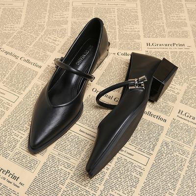 73598-1 Весенне-летняя женская обувь 2025 популярная универсальная удобная остроносая обувь с мелким вырезом на толстом каблуке ретро туфли-лодочки