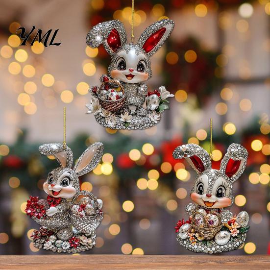 Easter Party Hanging Decor Bunny Acrylic Pendant, Cute Rabbit with Basket, 2D Car Decorative for Home Window Rearview Mirror Ornament, Bag Keychain