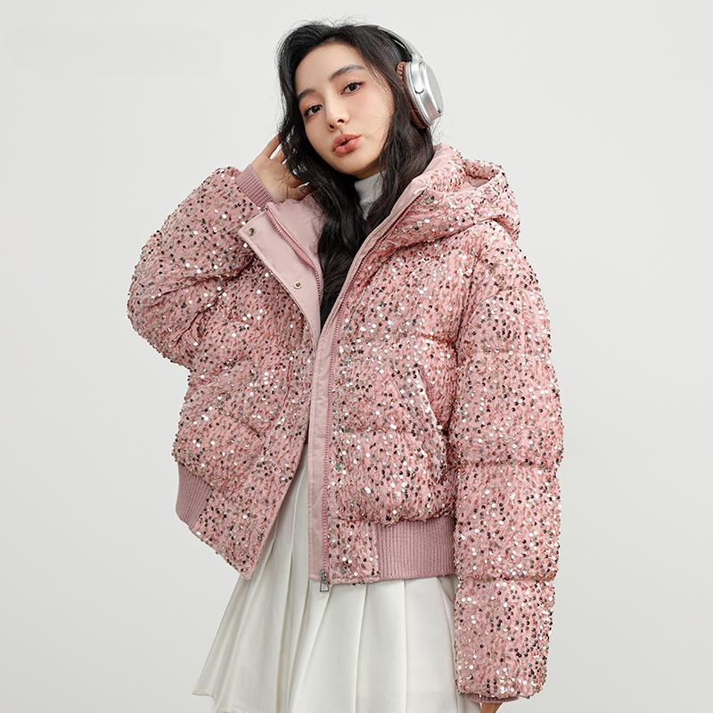 Down Jacket for Women Autumn and Winter New Arrival Short Style Fashionable Sequined Hooded All-match Warm Coat