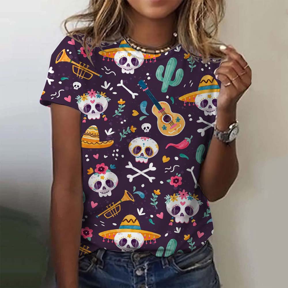 Summer Round Neck 3D Colorful Skull Pattern Print Top Fashionable Casual Short Sleeved Women's T-shirts