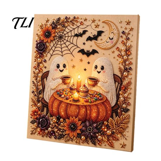 Reusable Seasonal Wall Decoration Halloween Faux Pearl Art Kit, Crow Pumpkin Painting DIY 7.87 x Stress Relief Project for Home Inch Cute