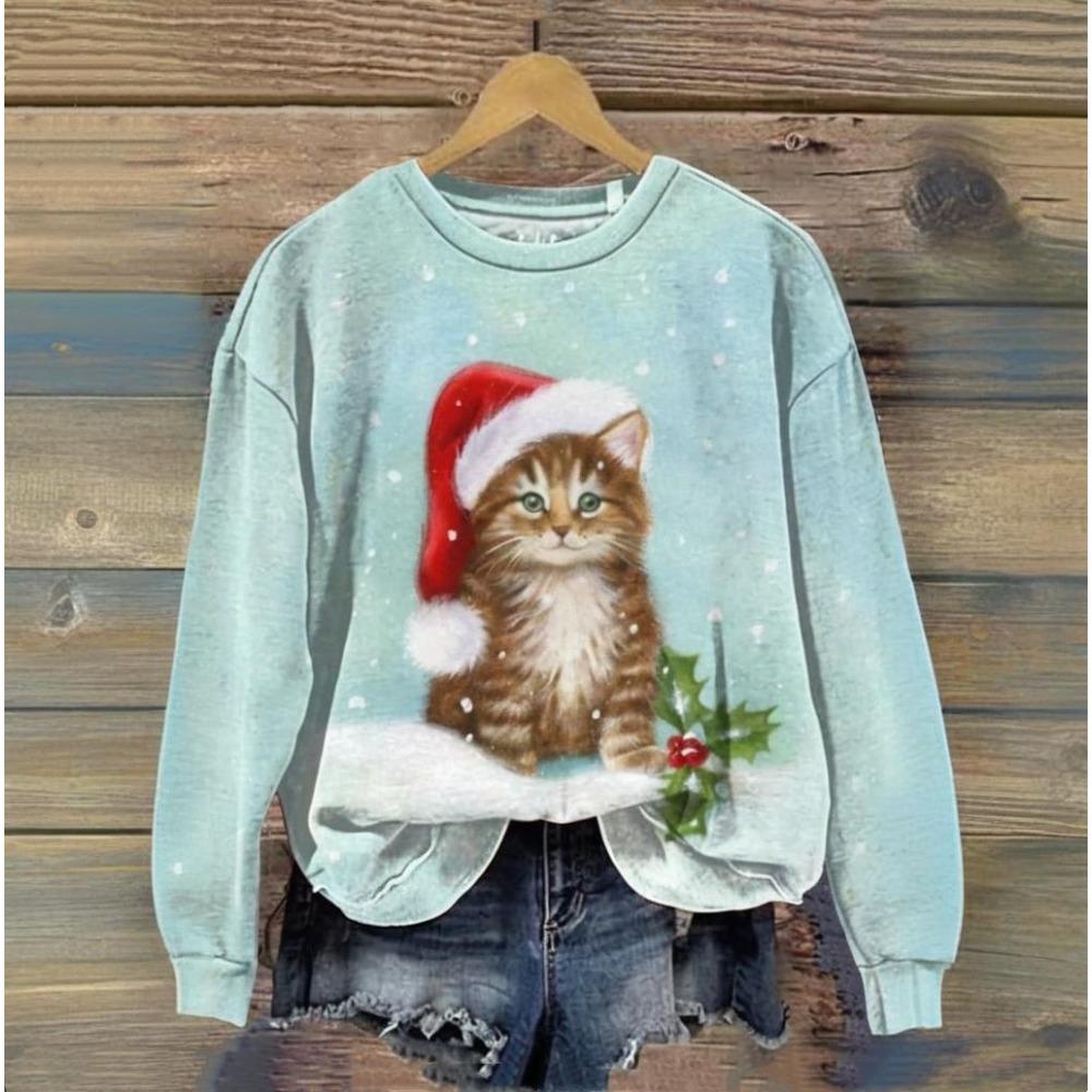 Christmas Day Cute Cat Printed Clothing 3d Animals Print Harajuku Hoodie Autumn/Winter Round Neck Sweater 2024 Longsleeves Tops
