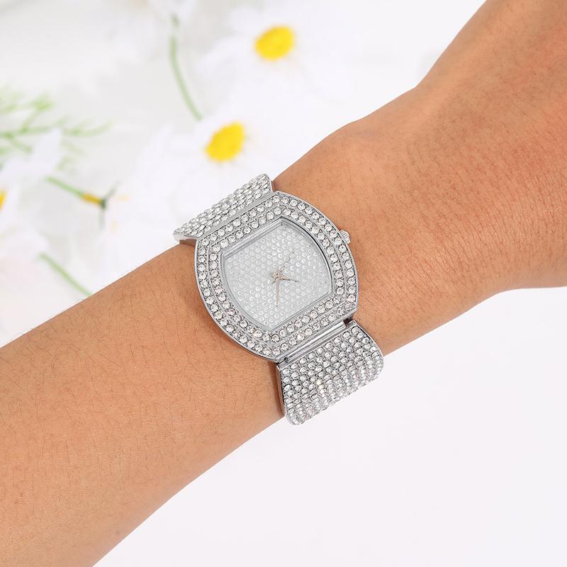 5PCS Fashion Luxury Women's Diamond Silver Quartz Watch Girls' Square Pendant Necklace Diamond Earrings Ring Jewelry Set for Girls