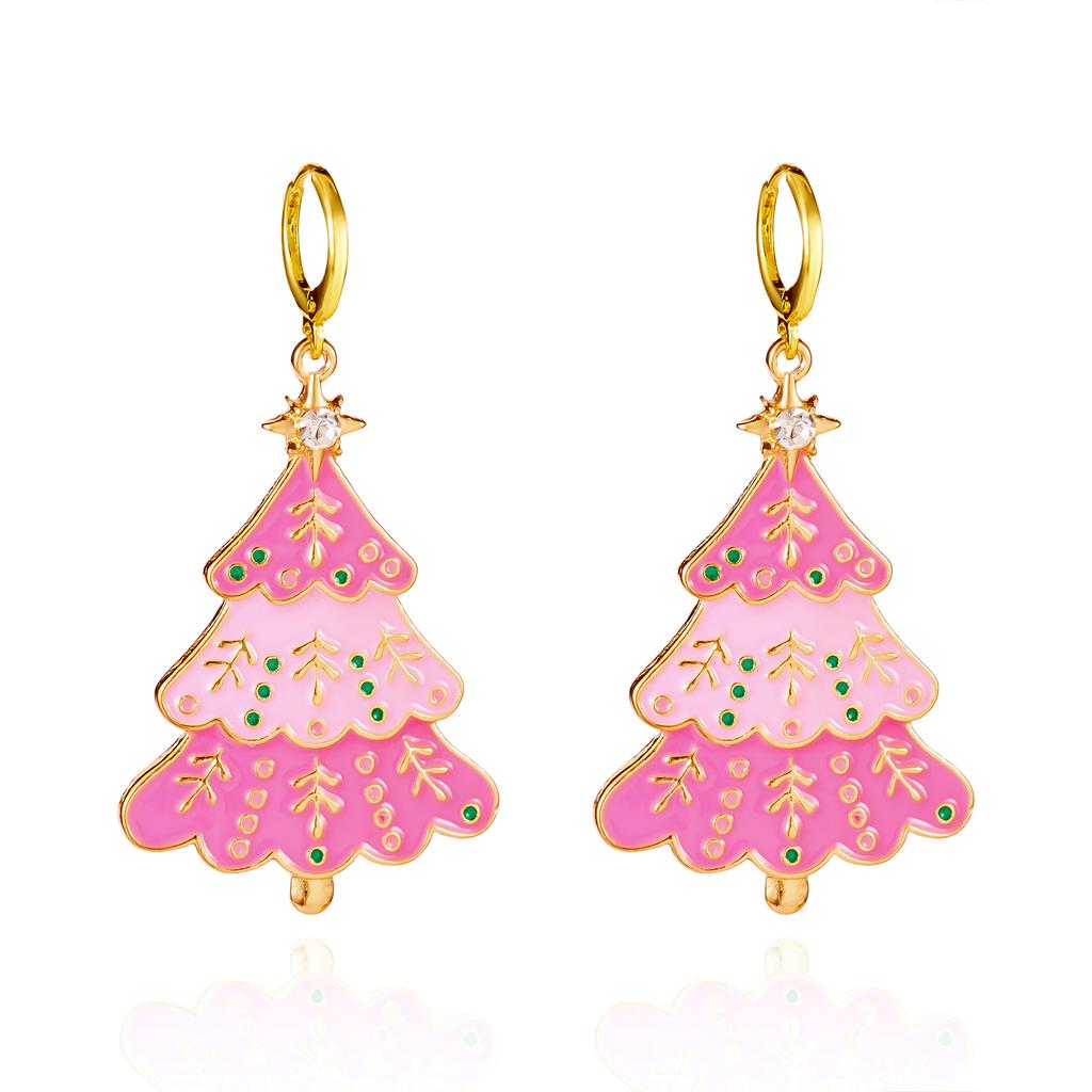Shiny Zircon Pink Christmas Tree Star Long Tassel Dangle Earrings Stud Hoop for Women Crystal Snowflake Design Jewelry Gift
