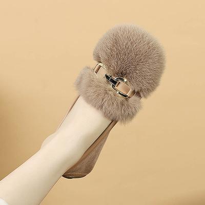 Модный бренд Металлическая цепочка Пушистый мех кролика Балетки Женская плюшевая хлопковая обувь Зимние мокасины босиком Женские уютные меховые лоферы слипоны