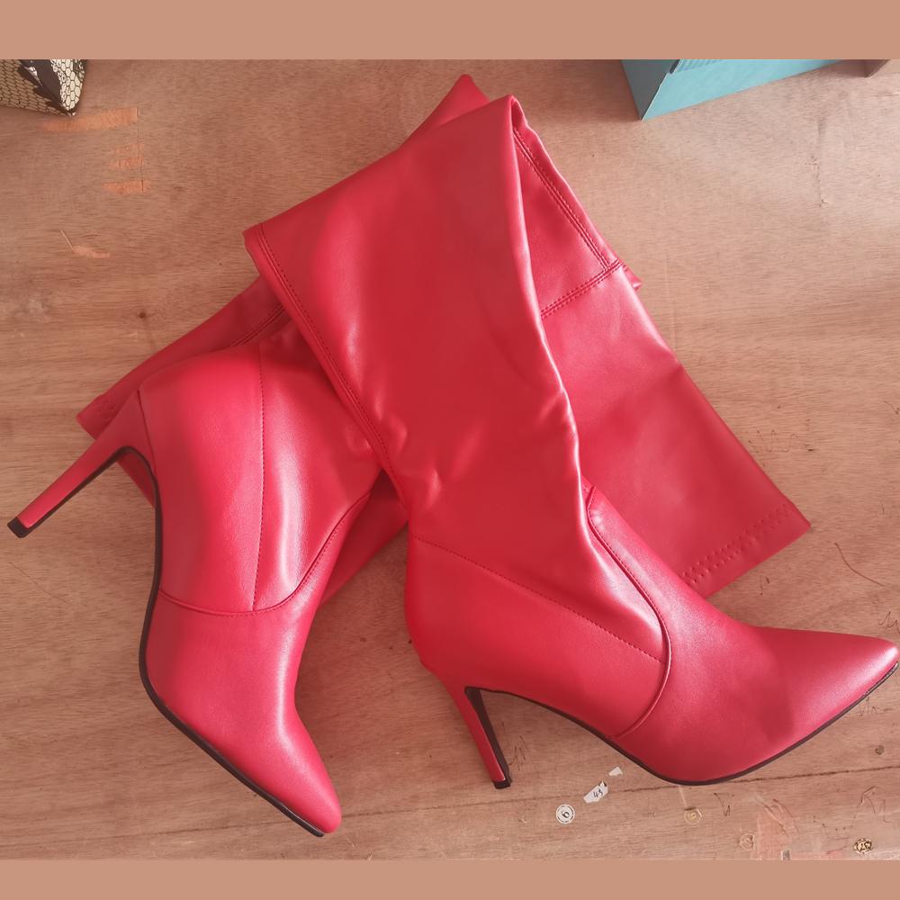 Эластичные высокие сапоги женские туфли на шпильках с высоким каблуком сексуальные сапоги выше колена женские остроносые длинные танцевальные туфли красные черные