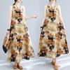 Real Summer New Literary Loose Cotton and Linen Printing Round Neck Sleeveless Dress Women's Medium and Long