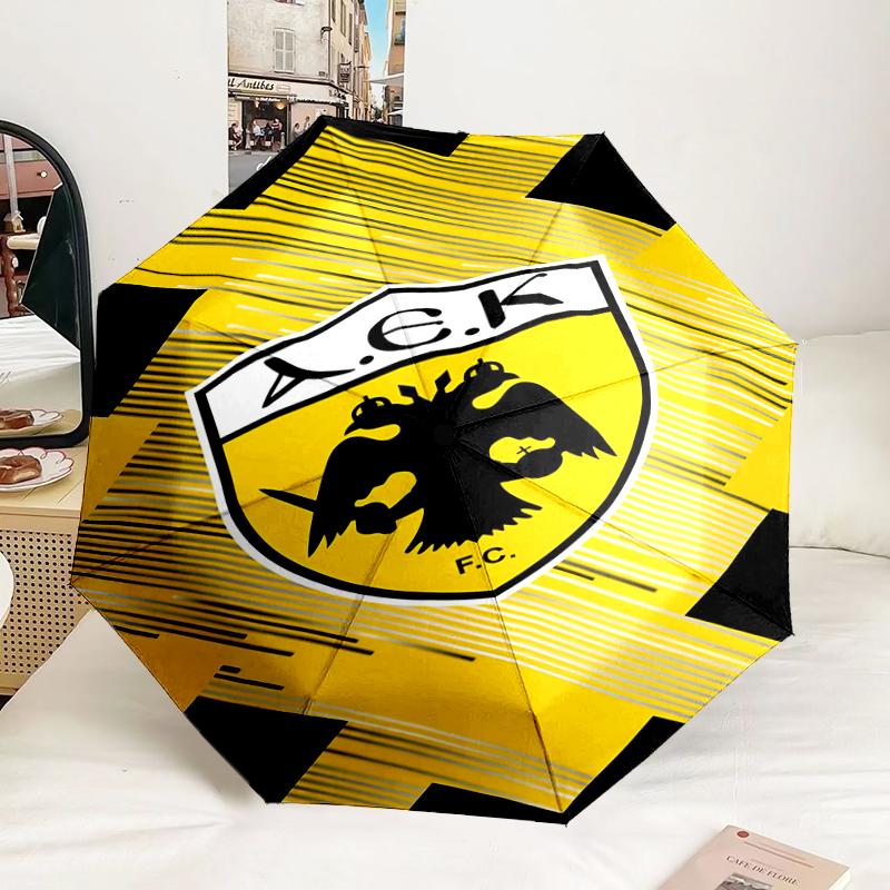 AEK AthensGolden And Black Crest Design Automatic Folding Umbrella 8-Rib Travel Umbrella with Auto Portable Case, Ideal Gift for Birthdays