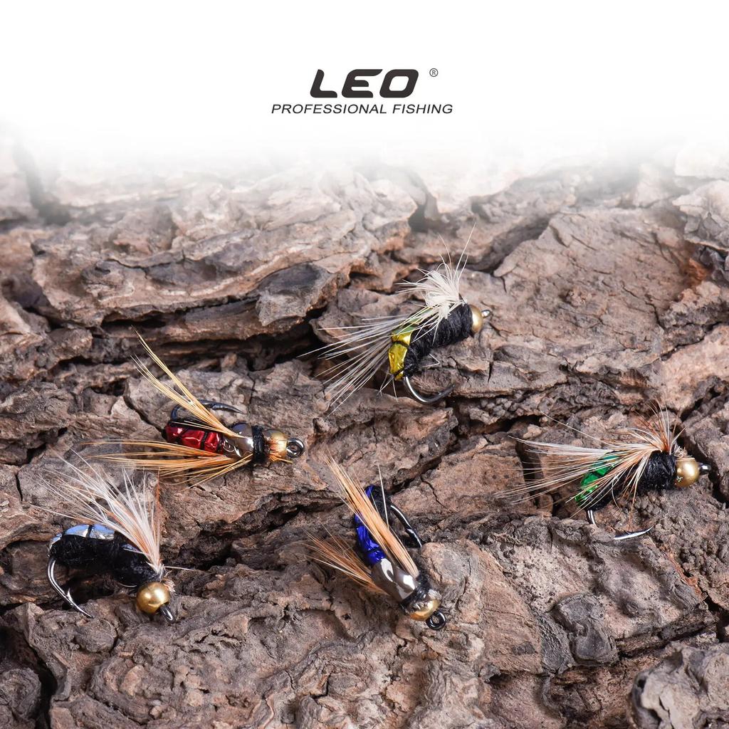 LEO FISHING 50pcs/40pcs Box Fishing Accessory Goods Bead Head Fast Sinking Nymph Scud Fly Bug Worm Trout Fishing Tools Insect Fishing Bait Lure