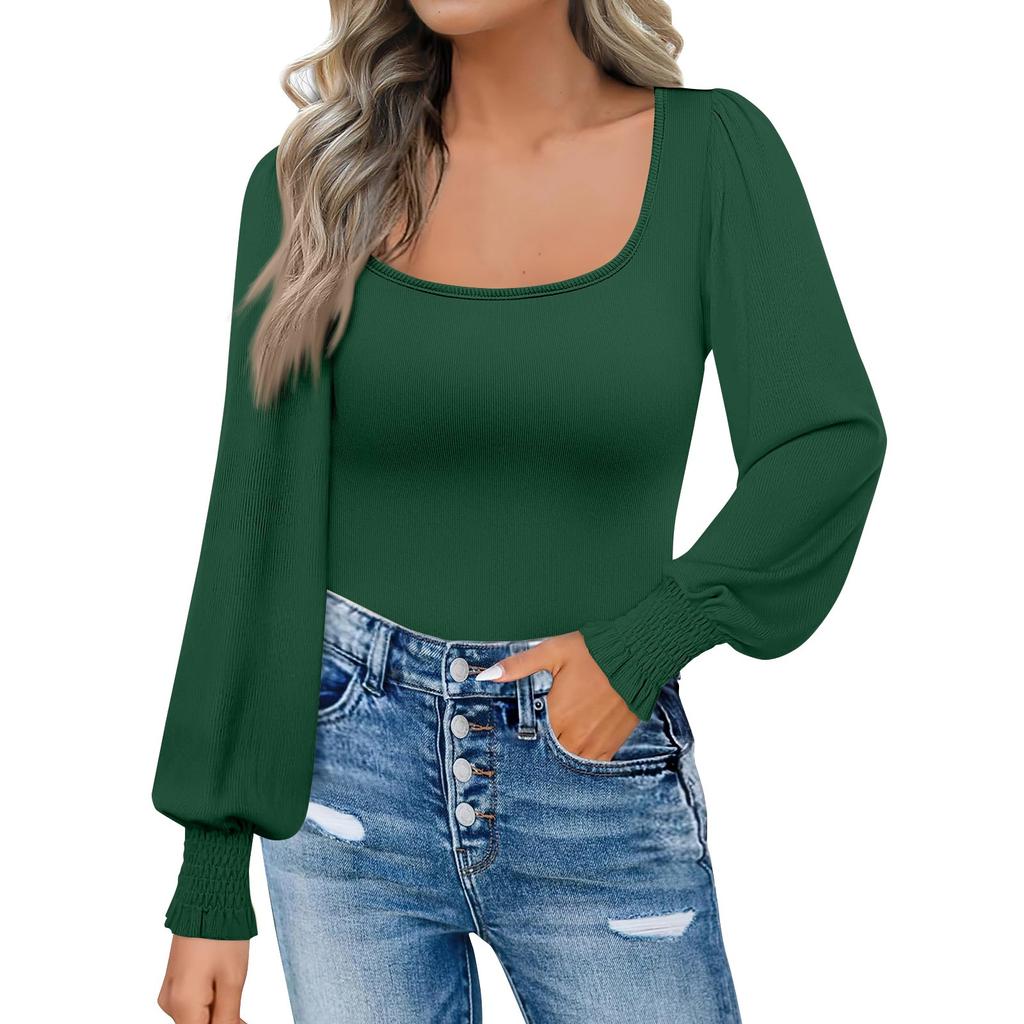 Women's Fashion Casual Square Neck Slim Bubble Long Sleeve Solid Color Top