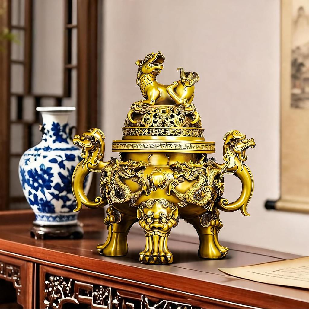 Aris & Juno Brass Dragon Incense Burner – Chinese Feng Shui Symbol of Protection & Strength, Decorative Censer for Home Altar or Meditation Space,