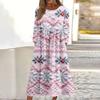 Women's Casual Round Neck Christmas Print Midi Dress Long Sleeve Pocket Dress