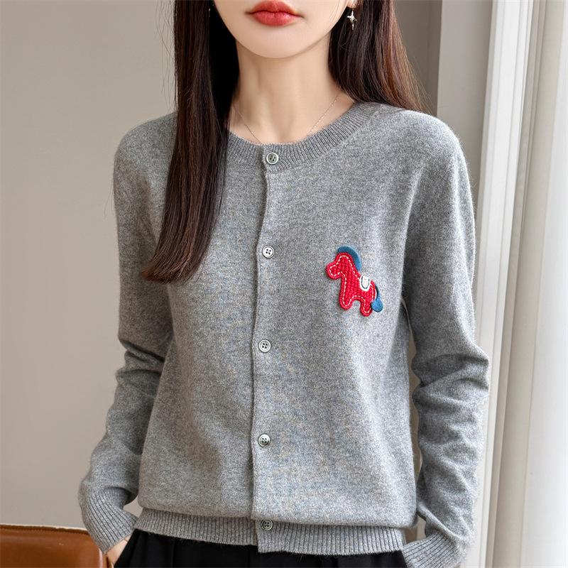 Womens Round Neck Long Sleeve Pony Design Knit Cardigan Sweater Outerwear