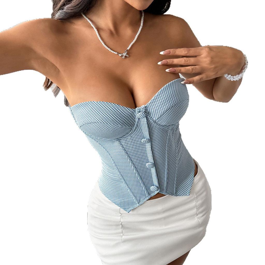 European and American sexy plaid button spice girl street shot fish bone tube top advanced feeling waist chest cotton pure desire vest women