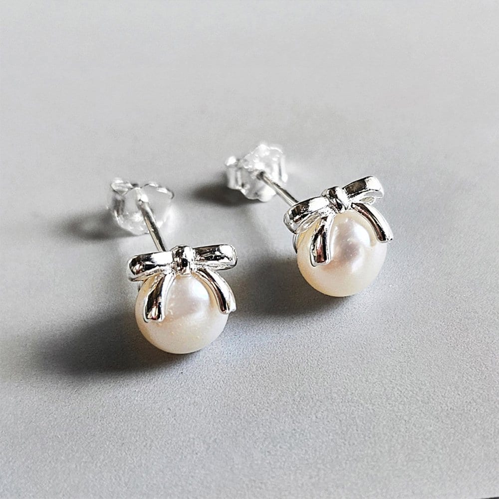 Cute Ribbon Freshwater Pearl Silver Earrings