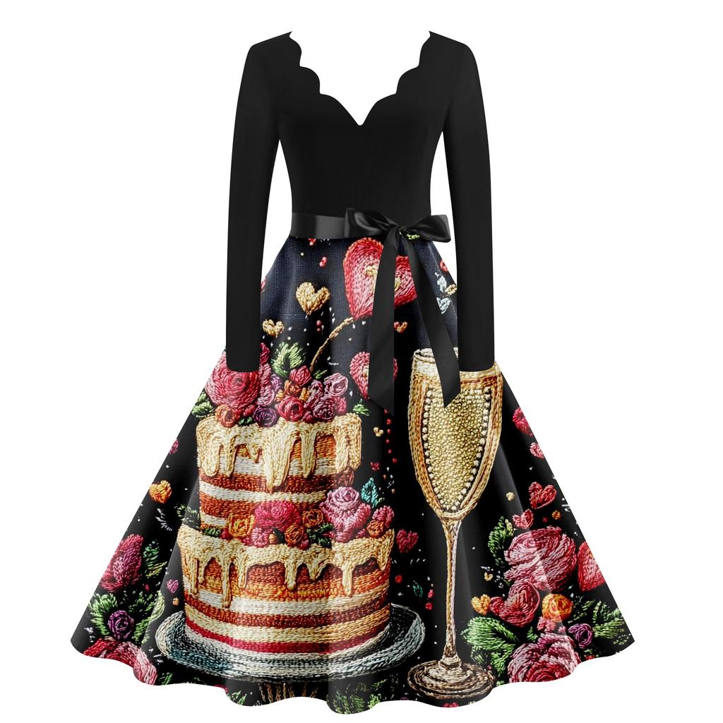 Женское повседневное модное платье с V-образным вырезом и длинным рукавом с милым принтом в винтажном стиле