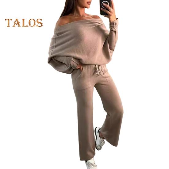 2 шт./комплект женский топ брюки комплект с открытыми плечами длинный рукав летучая мышь толстовка эластичный пояс расклешенные спортивные штаны спортивный наряд осенний повседневный спортивный костюм