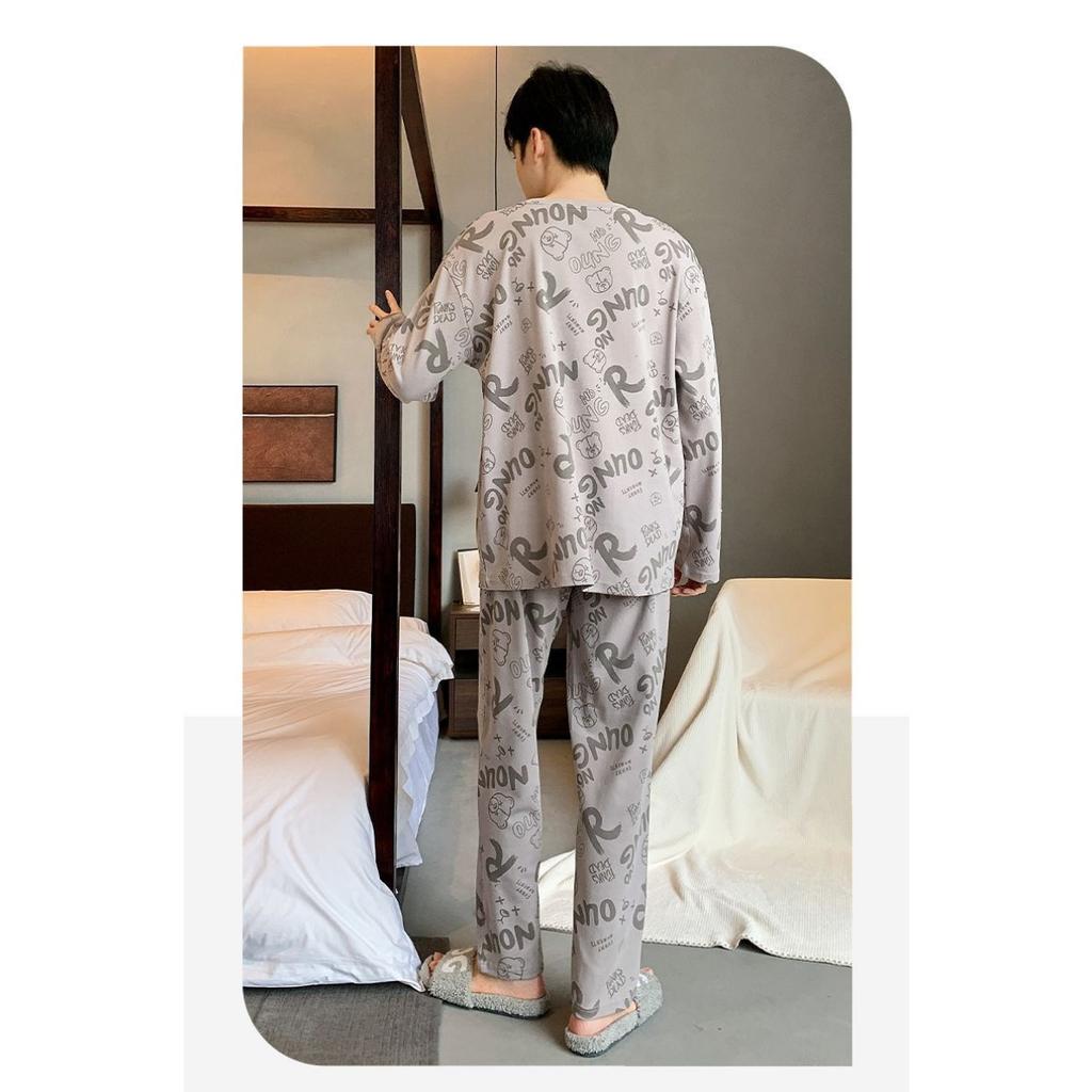 Pajamas Spring and Autumn Men's New Long Sleeve Outable Home Clothes Simple and Casual Large Set