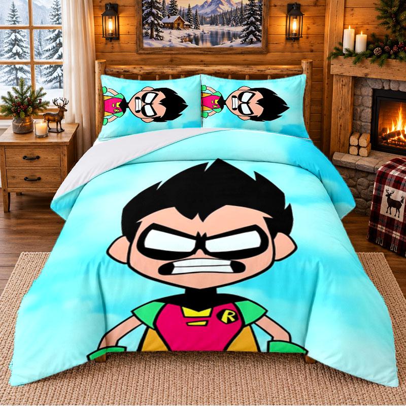 Teen Titans Go Pattern Bedding 3Pcs Set Bed Sheet And Pillowcases For Indoor Bedroom