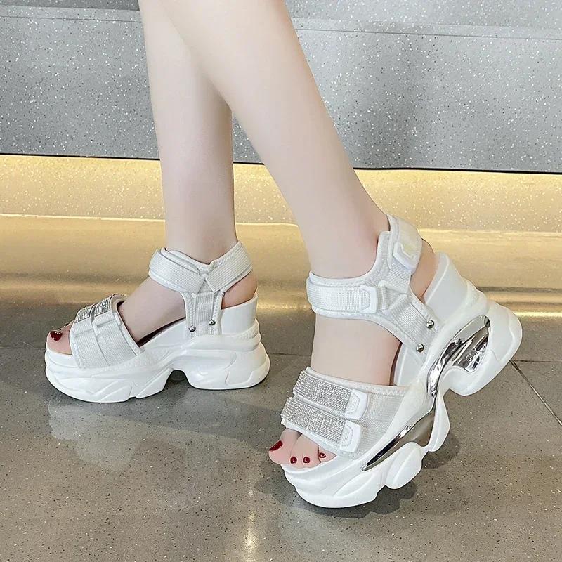 Summer High Platform Women Sandals Buckle 10CM Wedges Bling Shoes Fashion 2025 Outside Chunky Sandals Beach Casual Slides Woman