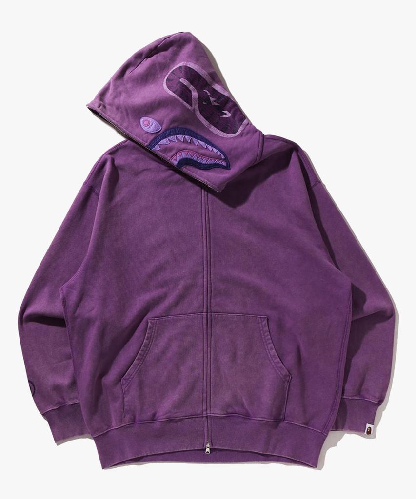 Bape Худи с полной молнией, свободного кроя, с принтом акулы, окрашенное в готовом виде (M) фиолетовый