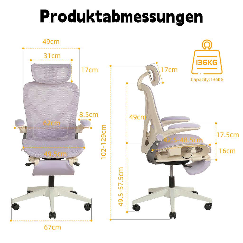 Foldable ergonomic office chair, small space chair with lumbar support, mesh sliding cushion, foldable armrests, 3D headrests with work pedals,purple