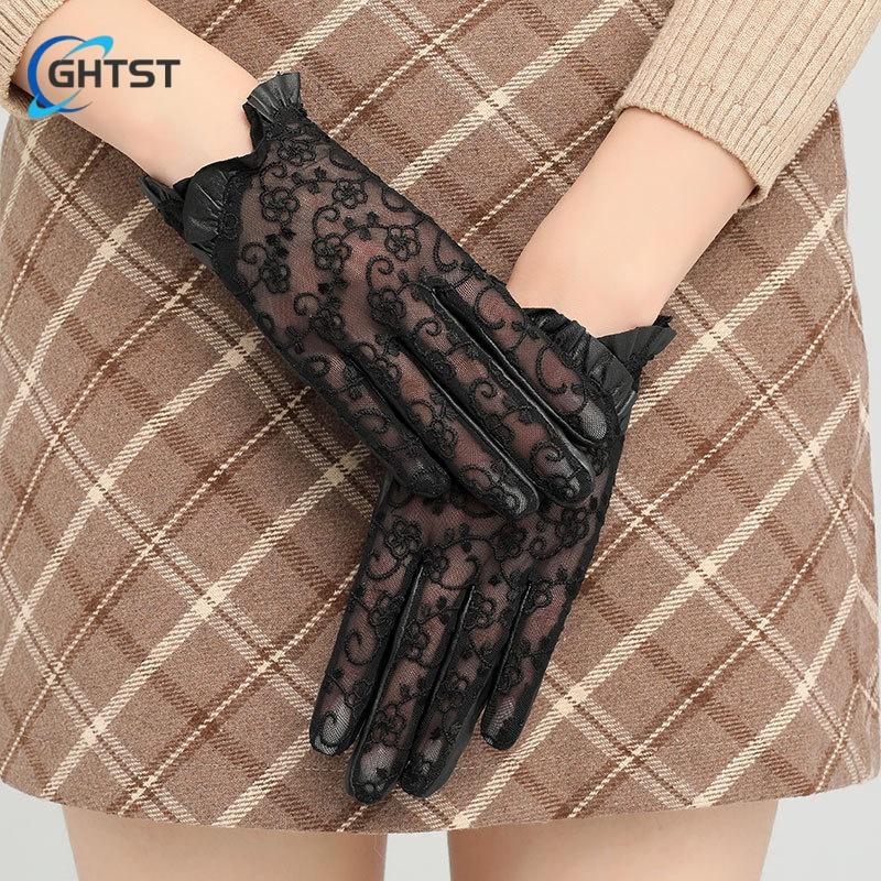 Элегантные женские перчатки из черного кружева из натуральной овчины, весенние перчатки из овчины, модные женские короткие перчатки