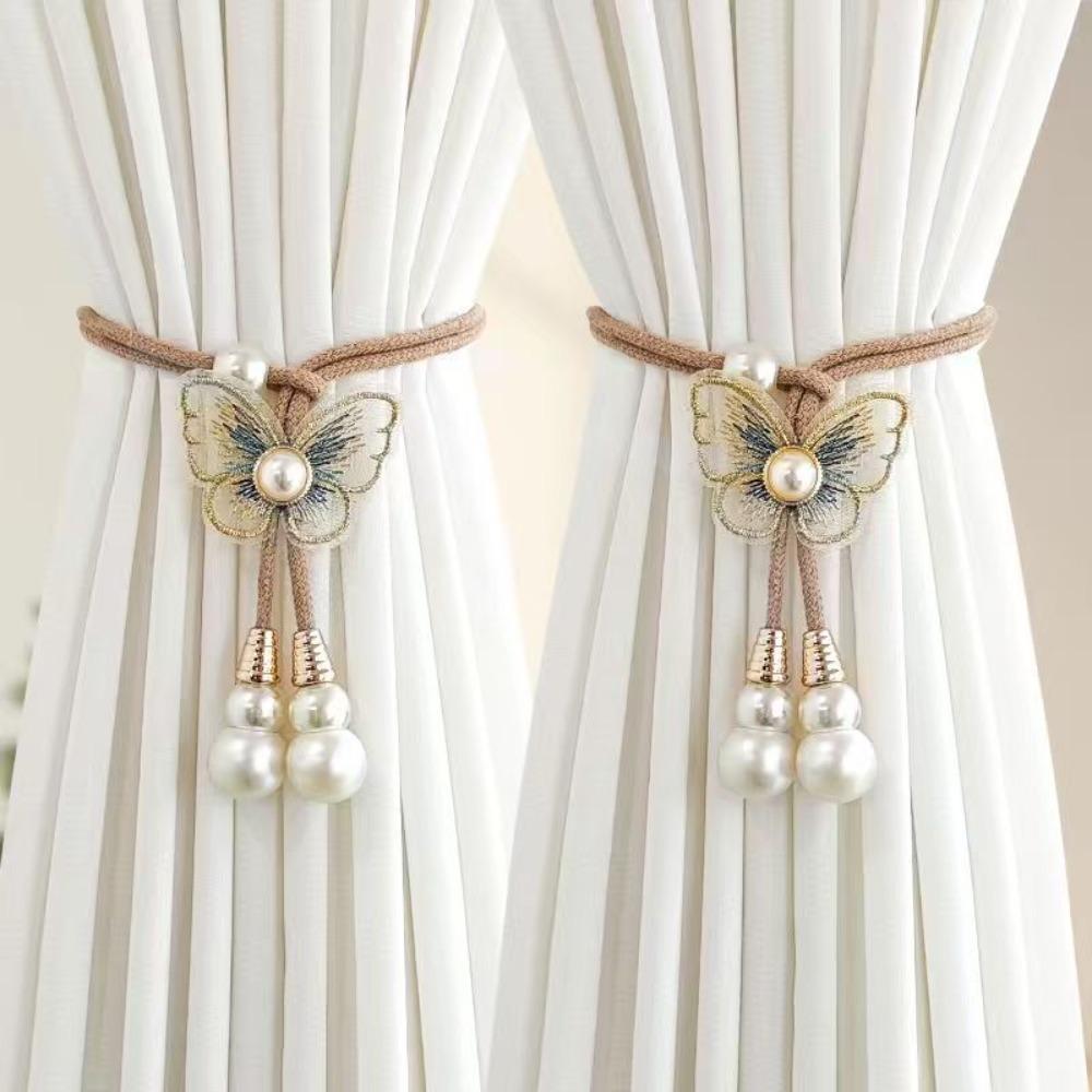 2PCS Adjustable Butterfly Curtain Tiebacks Curtain Holder Decorative Pearl Curtain Buckle Artificial Pearl Curtains Tie Rope